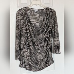 Elegant Women's (Size Large) Black & Tan Cowl Neck Rouched Shimmering Blouse/Top